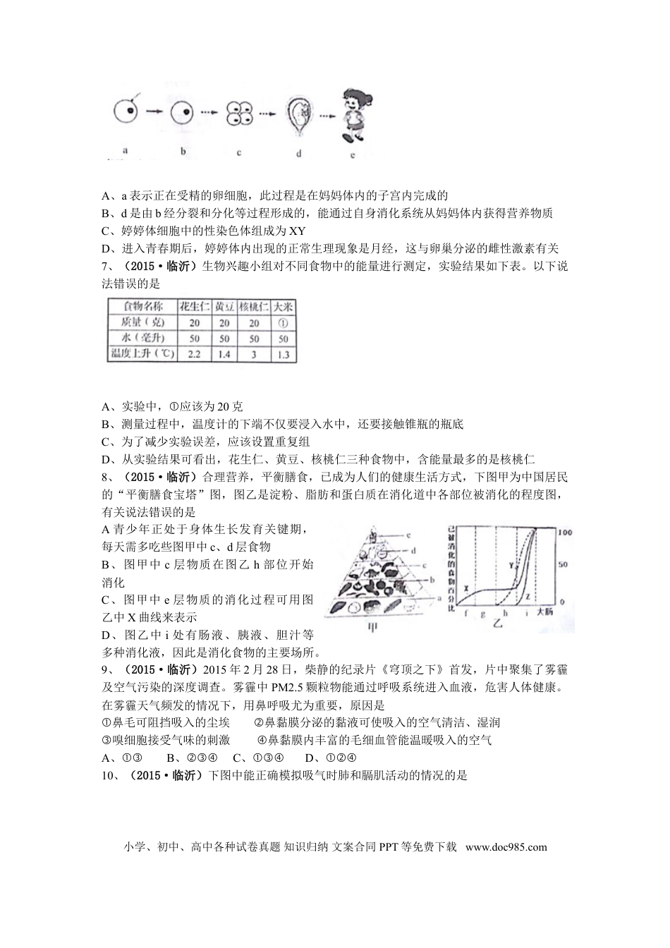 【中考历年真题】山东省临沂市2015年初中学业考试生物试题.doc