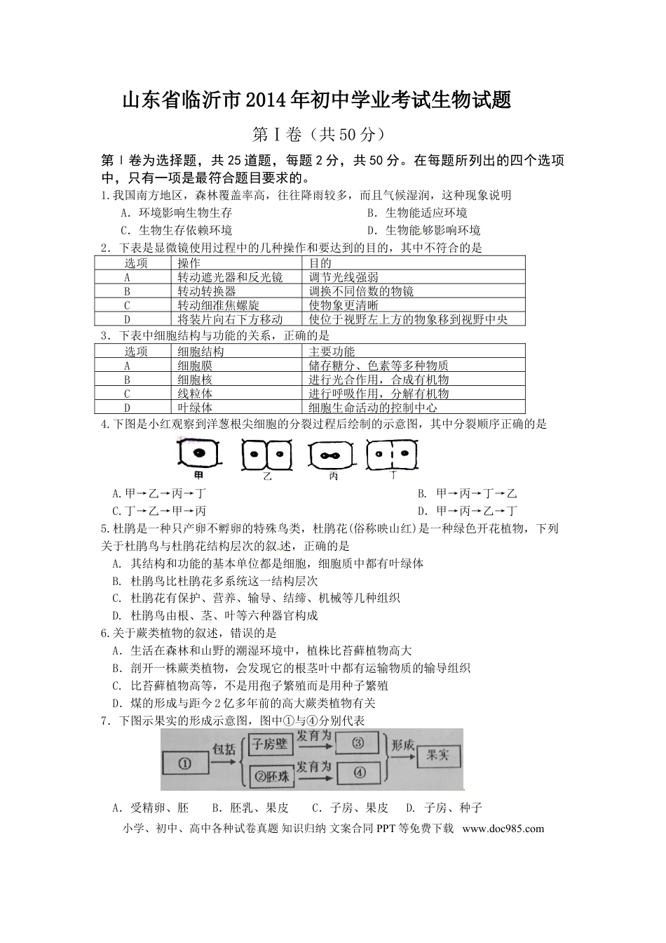 【中考历年真题】山东省临沂市2014年初中学业考试生物试题.doc