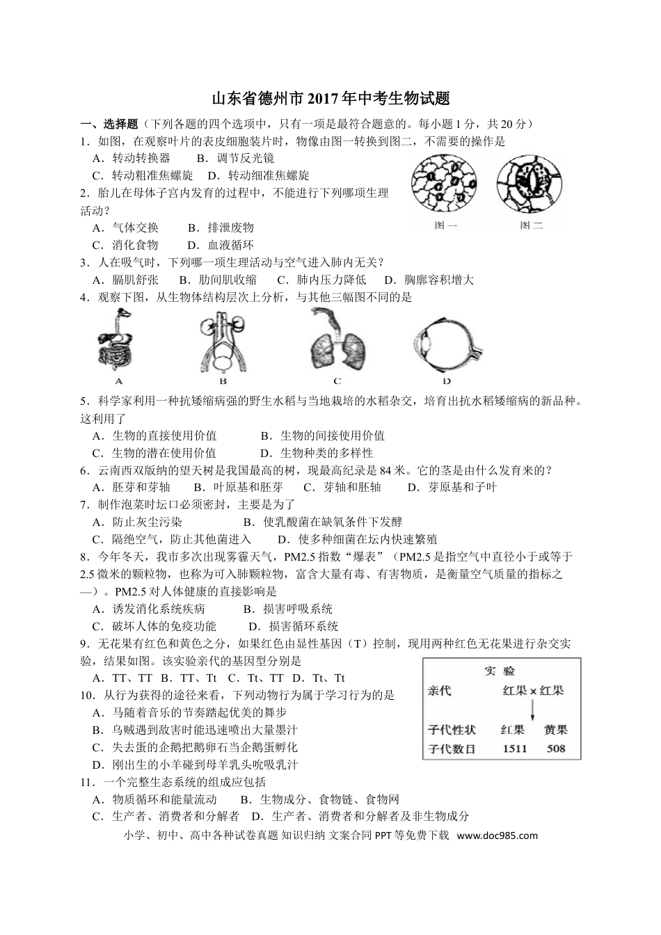 【中考历年真题】2017年德州市中考生物试题及答案.doc