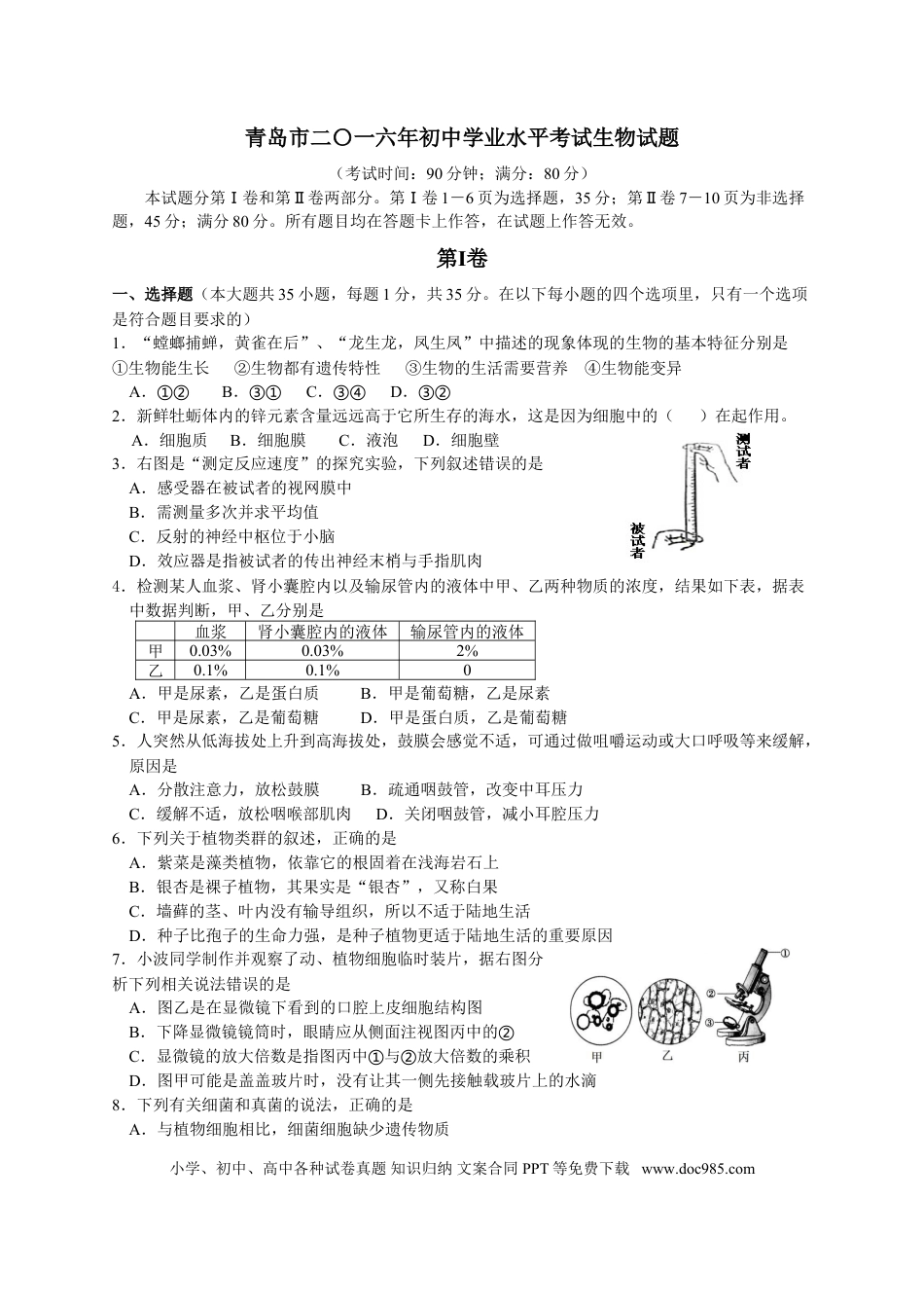 【中考历年真题】2016年山东青岛初中生物学业考试题及答案.doc