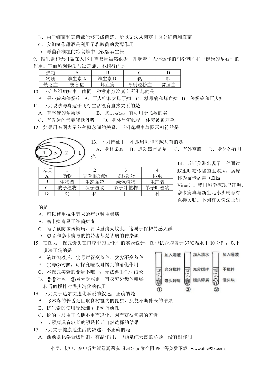 【中考历年真题】2016年山东青岛初中生物学业考试题及答案.doc