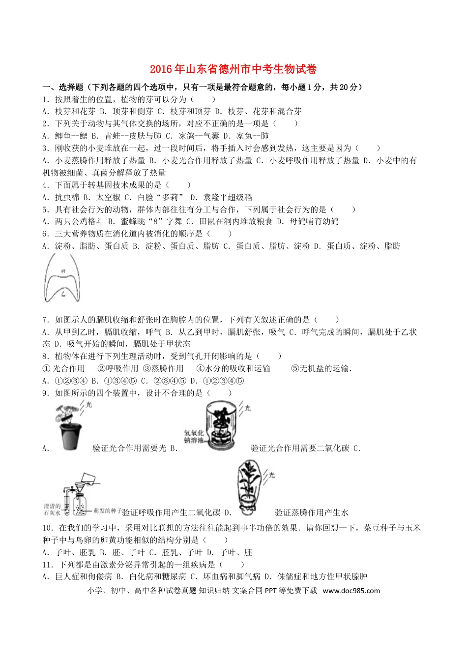 【中考历年真题】山东省德州市2016年中考生物真题试题（含解析）.doc