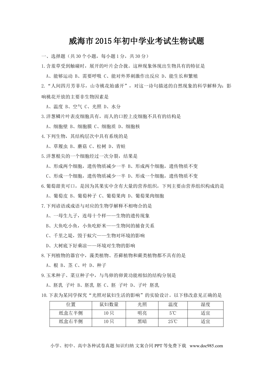 【中考历年真题】2015年威海市中考生物试题及答案.doc