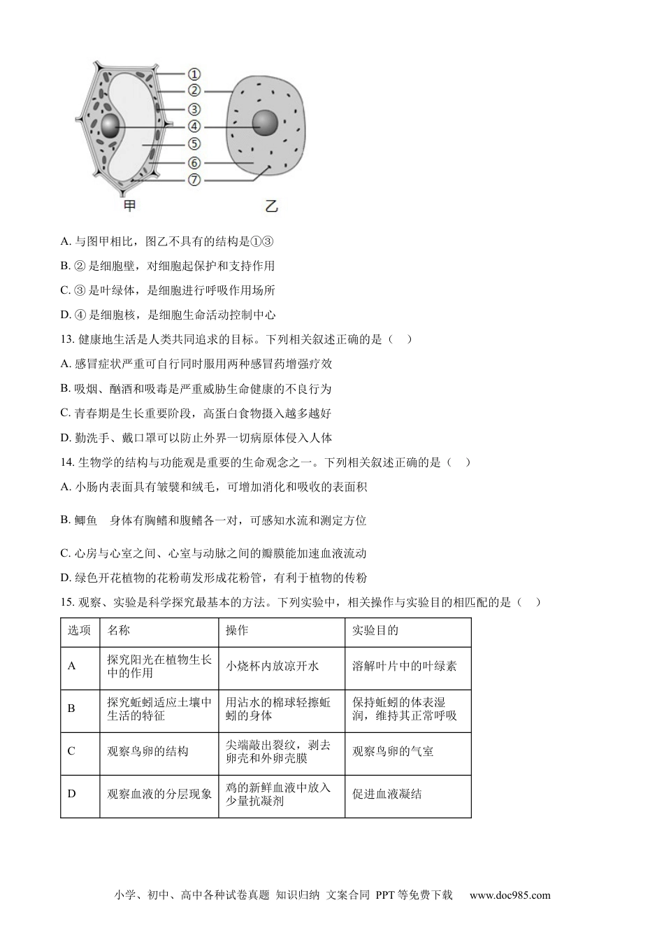【中考历年真题】精品解析：2024年江苏省连云港市中考生物和地理真题　-初中生物学（原卷版） (1).docx