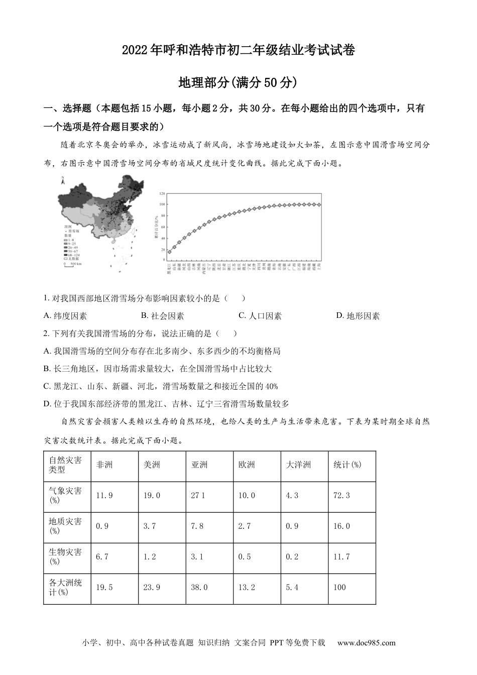 【中考历年真题】内蒙古呼和浩特市2022年中考地理真题（原卷版）.docx