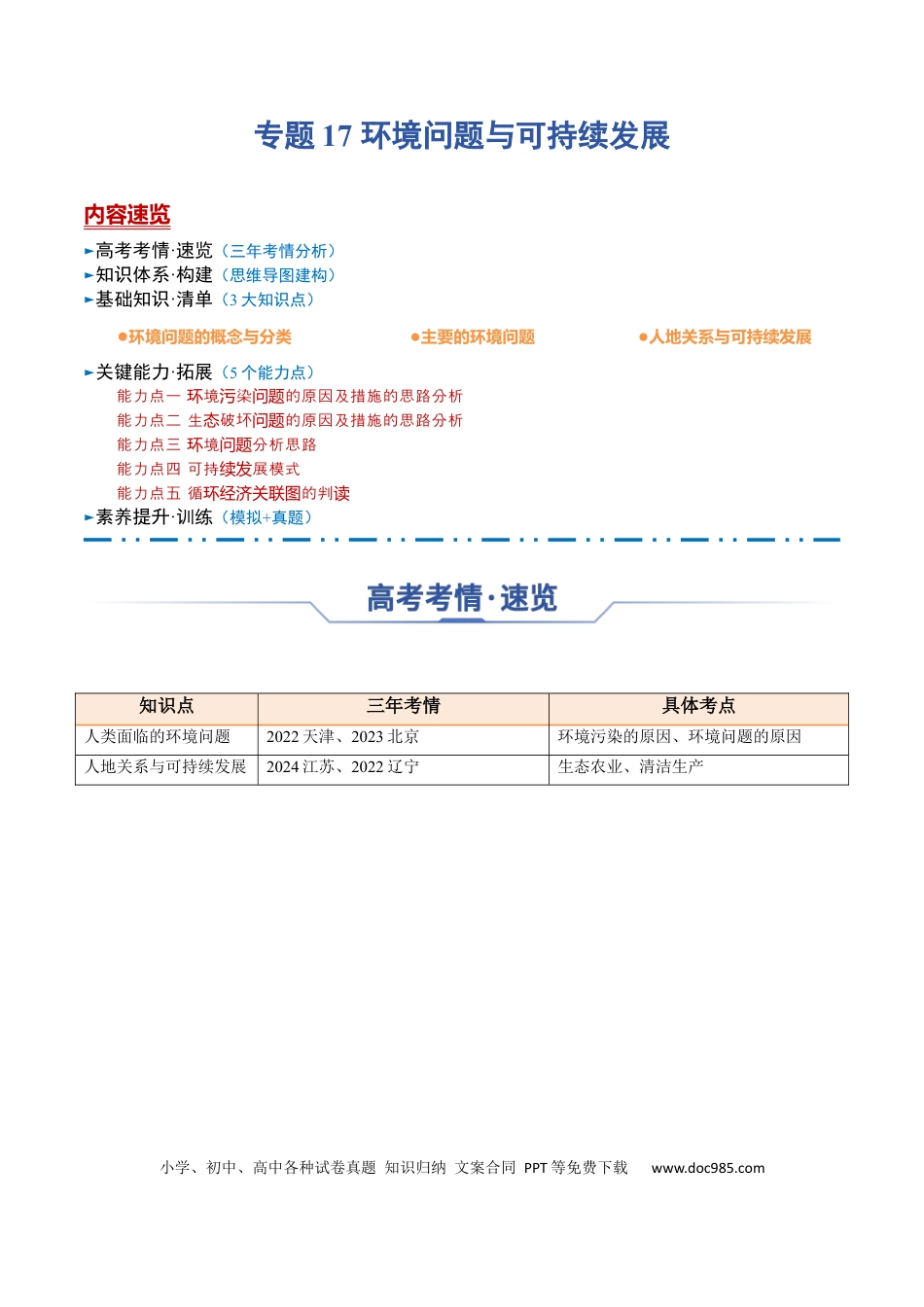 高中地理 高中地理知识清单专题17+环境问题与可持发展（思维导图+3大知识点+5个能力拓展）.docx