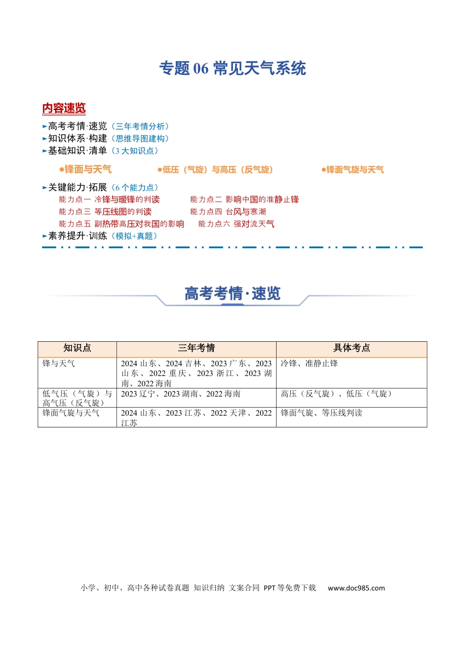 高中地理 高中地理知识清单专题06 常见天气系统（思维导图+3大知识点+6个能力拓展） .docx
