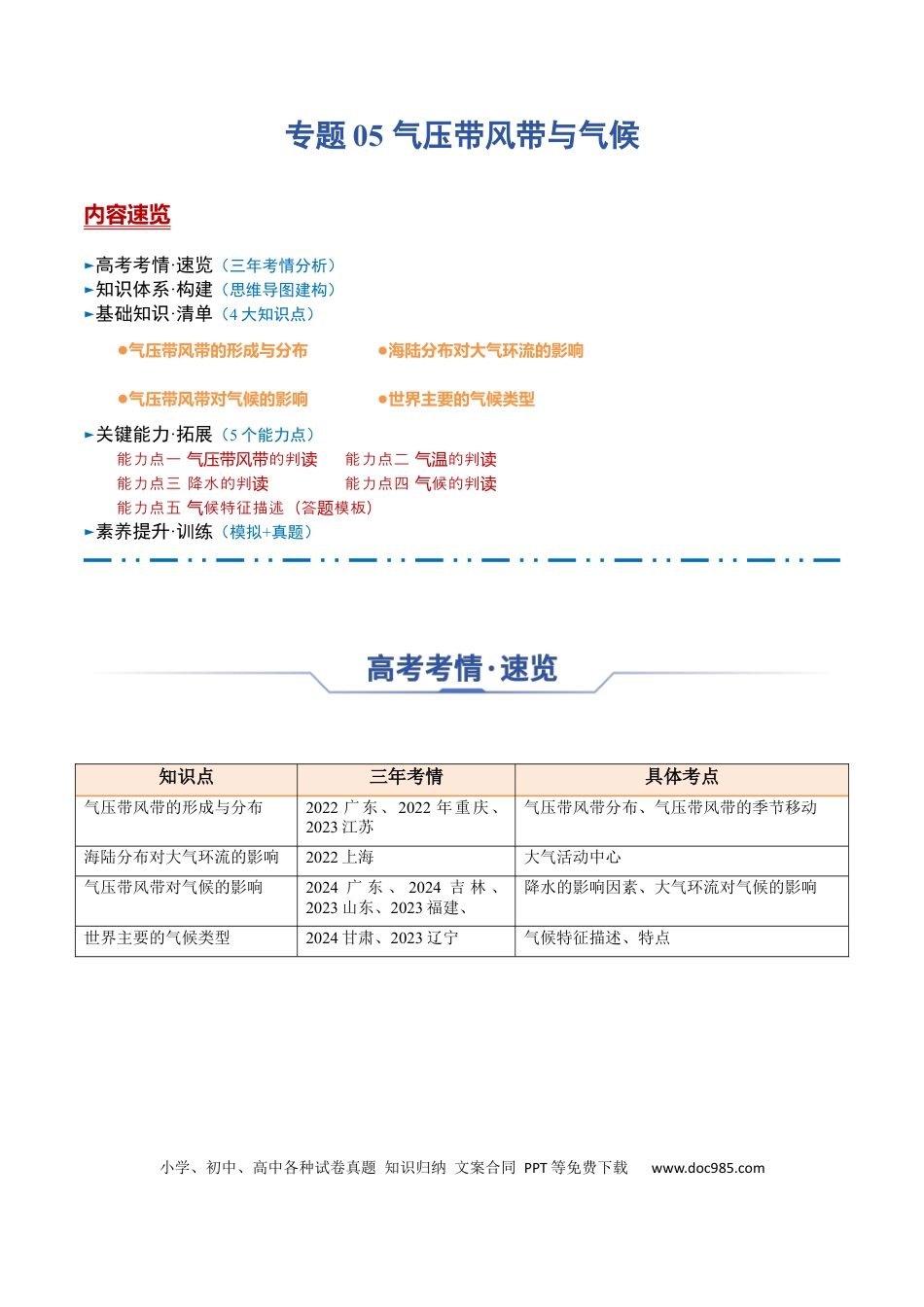高中地理 高中地理知识清单专题05+气压带风带与气候（思维导图+4大知识点+5个能力拓展）.docx