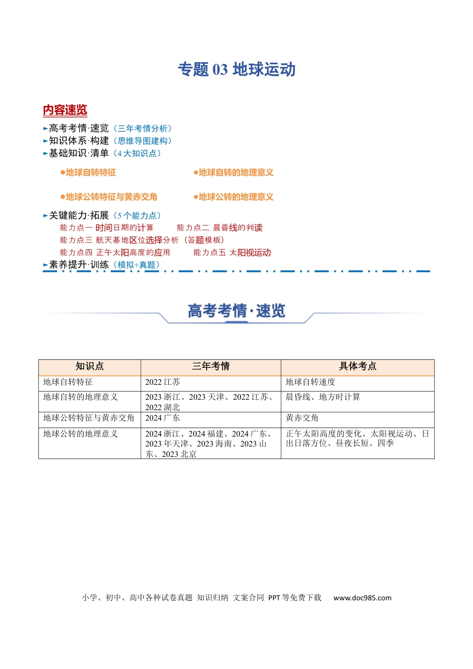 高中地理 高中地理知识清单专题03+地球运动（思维导图+4大知识点+5个能力拓展）.docx