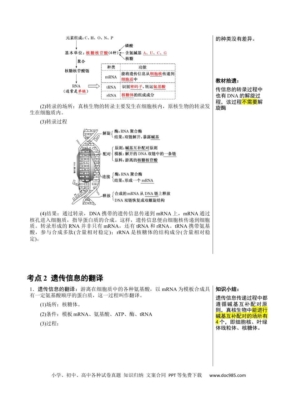 高中生物 知识清单16 基因的表达（3大考点 3个易错点）.docx