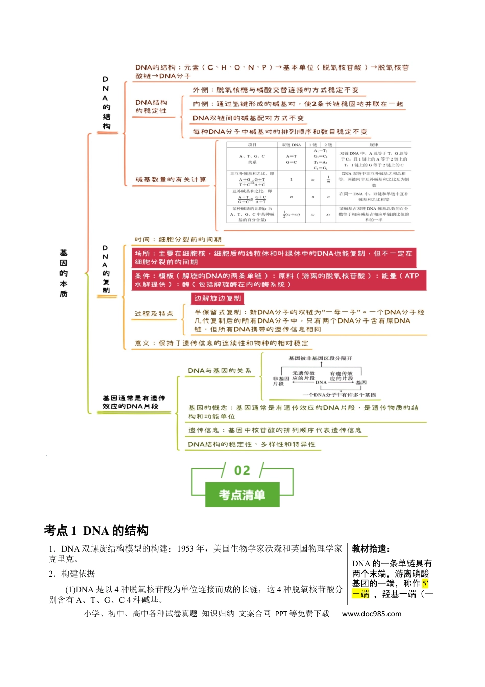 高中生物 知识清单15 DNA的结构、复制以及基因的本质（3大考点 4个易错点）.docx