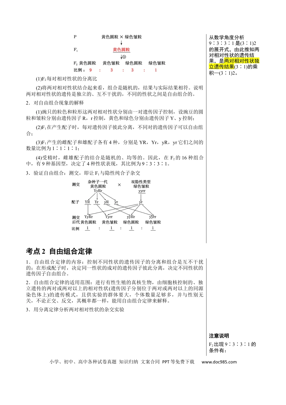 高中生物 知识清单12 基因自由组合定律（4大考点 3个易错点）.docx