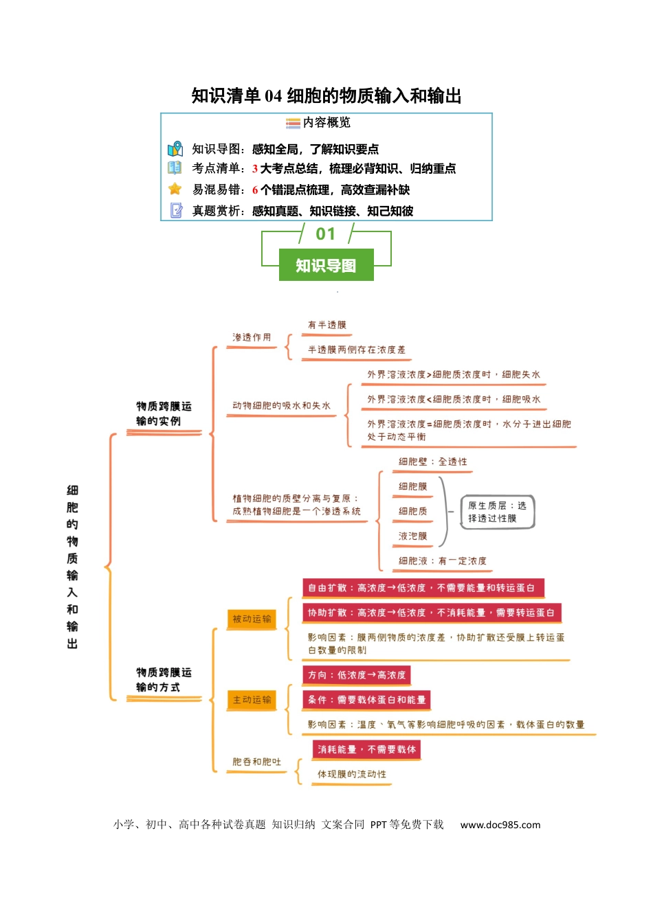 高中生物 知识清单04+细胞的物质输入和输出（3大考点+6个易错点）.docx