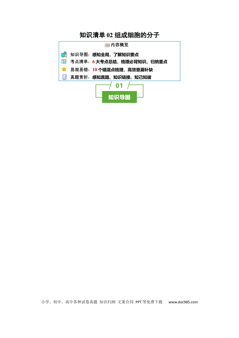 高中生物 知识清单02+组成细胞的分子（6大考点+10个易错点）.docx