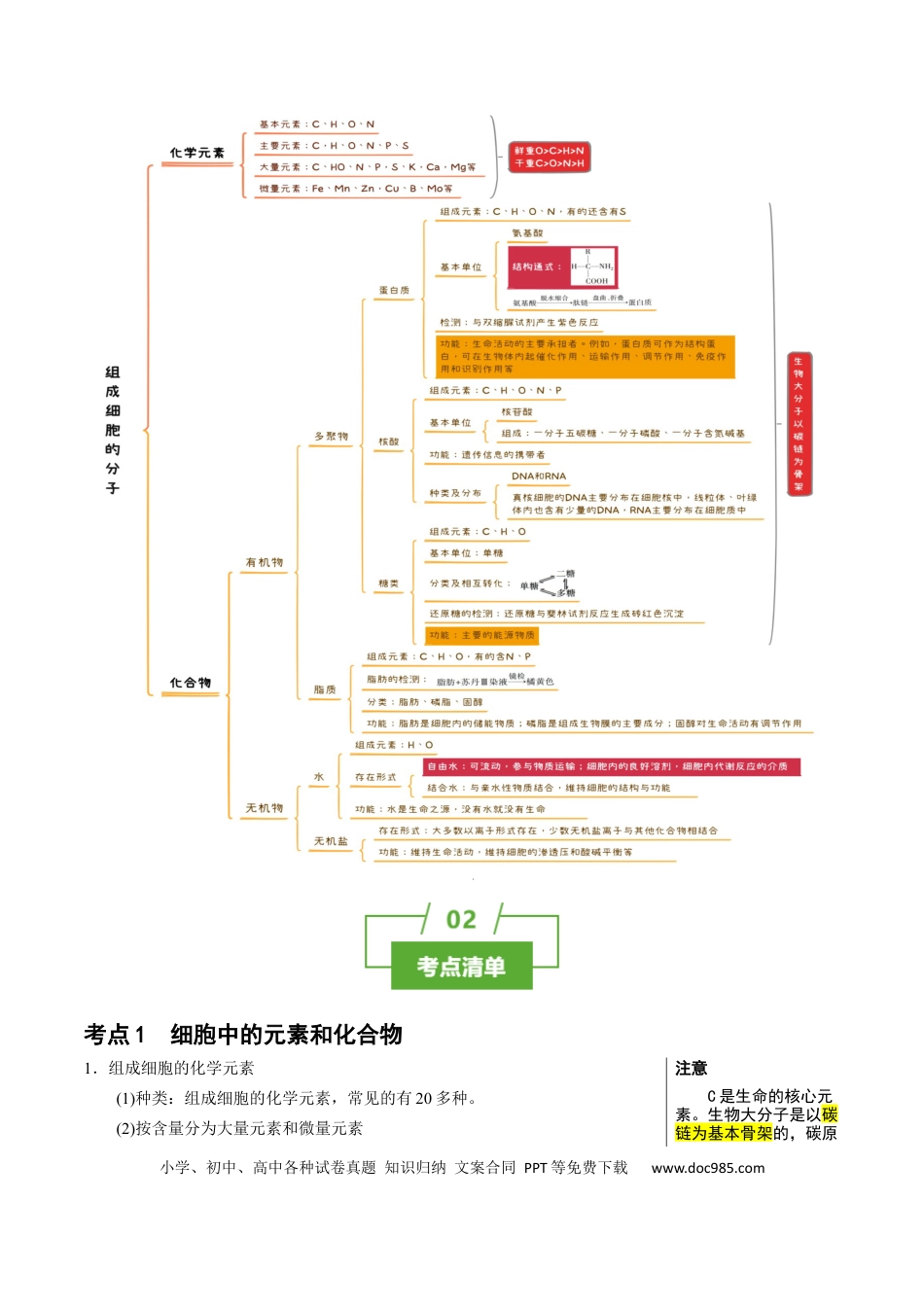 高中生物 知识清单02+组成细胞的分子（6大考点+10个易错点）.docx