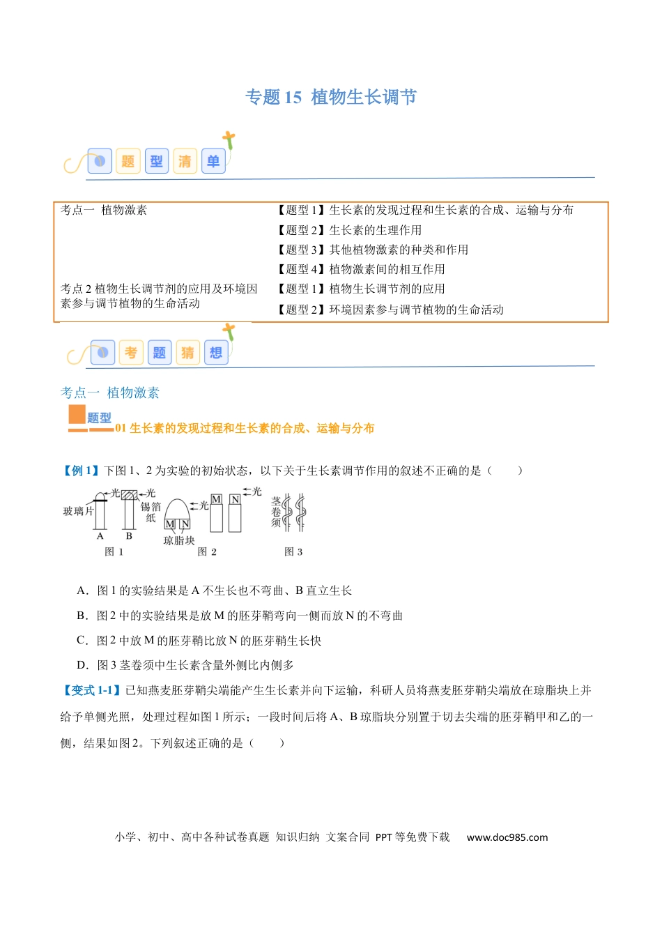 高中生物考点题型突破——专题15 植物生长调节（6大题型）（原卷版）.docx