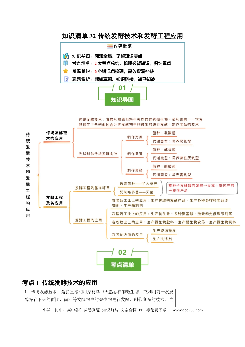 高中生物 知识清单32 传统发酵技术和发酵工程应用（2大考点+6个易错点）.docx
