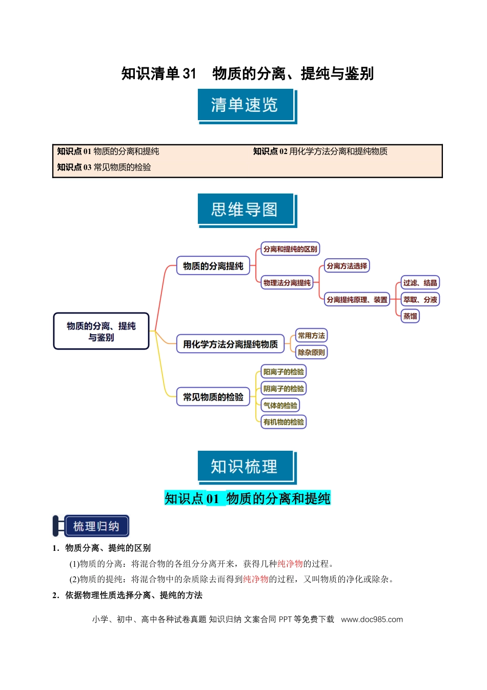 高中化学知识清单31 物质的分离、提纯与鉴别-（解析版）.docx