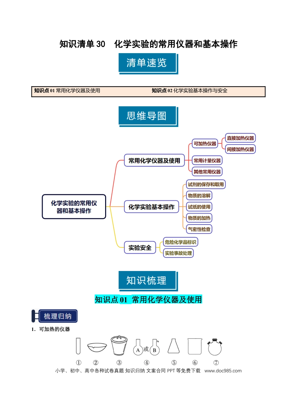 高中化学知识清单30 化学实验的常用仪器和基本操作-（解析版）.docx