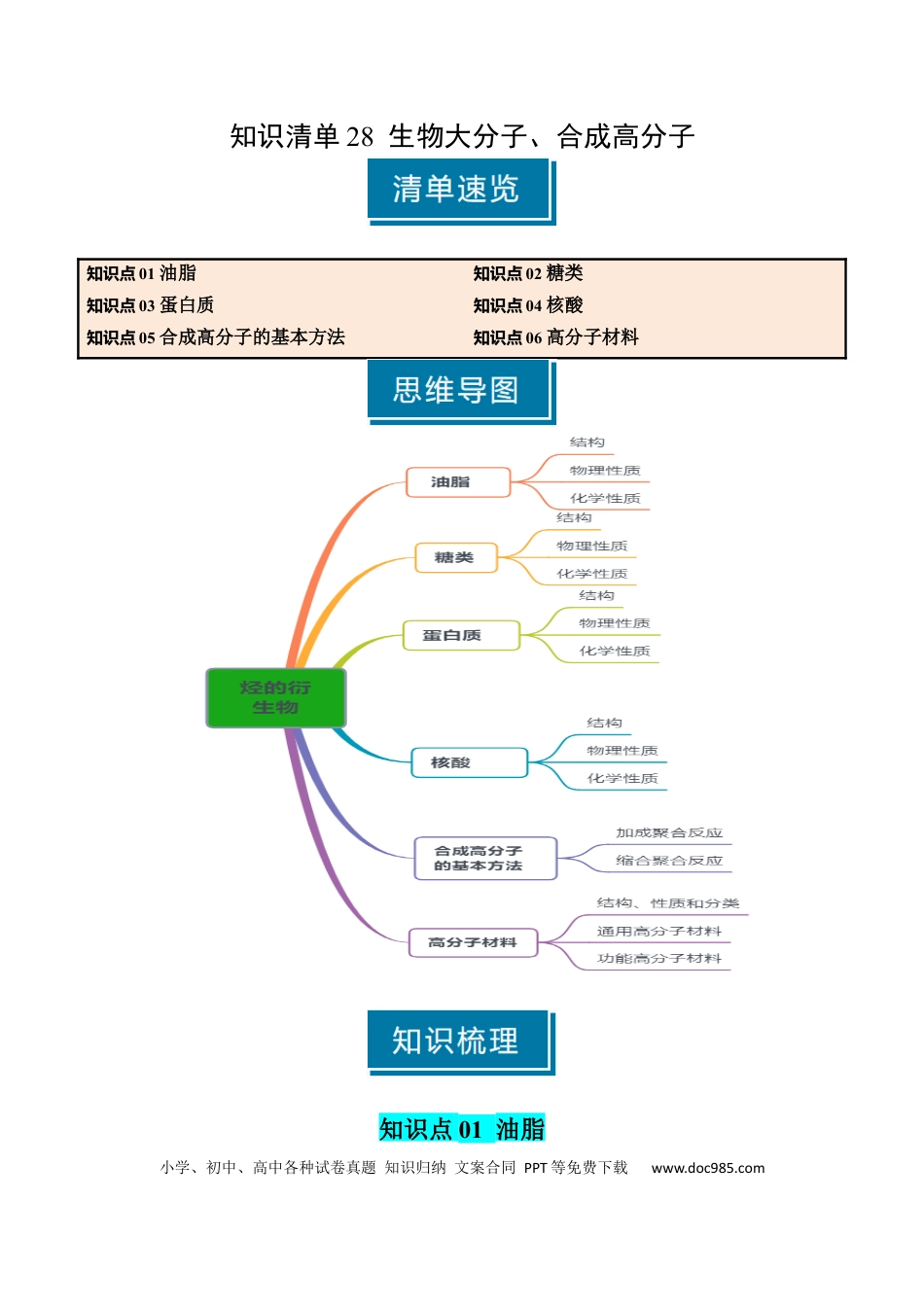高中化学知识清单28 生物大分子、合成高分子（原卷版）.docx