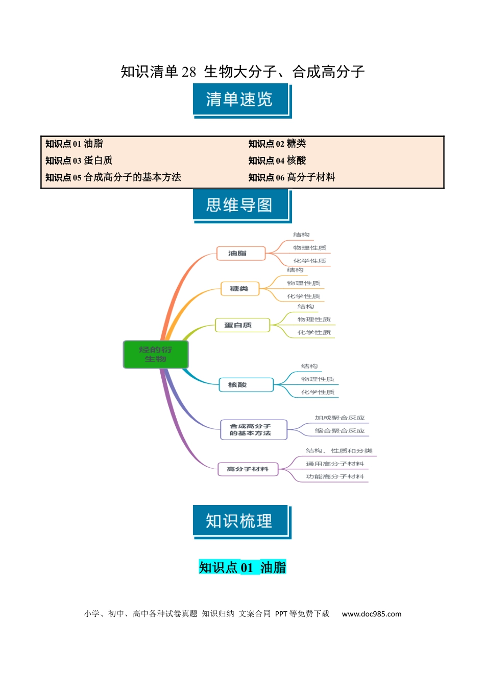 高中化学知识清单28 生物大分子、合成高分子（解析版）.docx