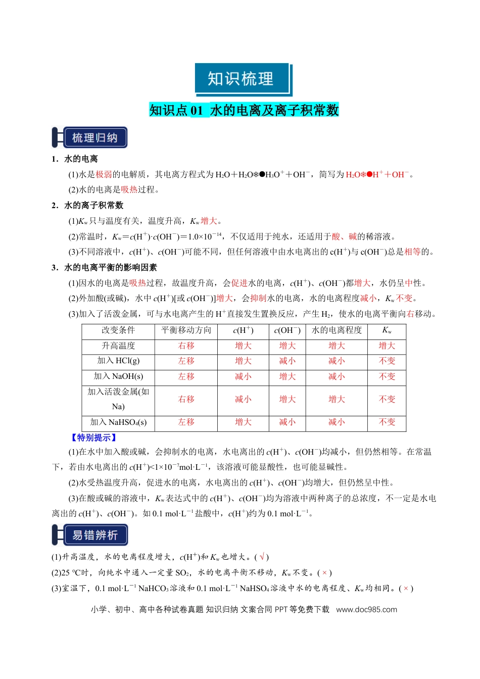 高中化学知识清单22 水的电离及溶液的pH-（解析版）.docx