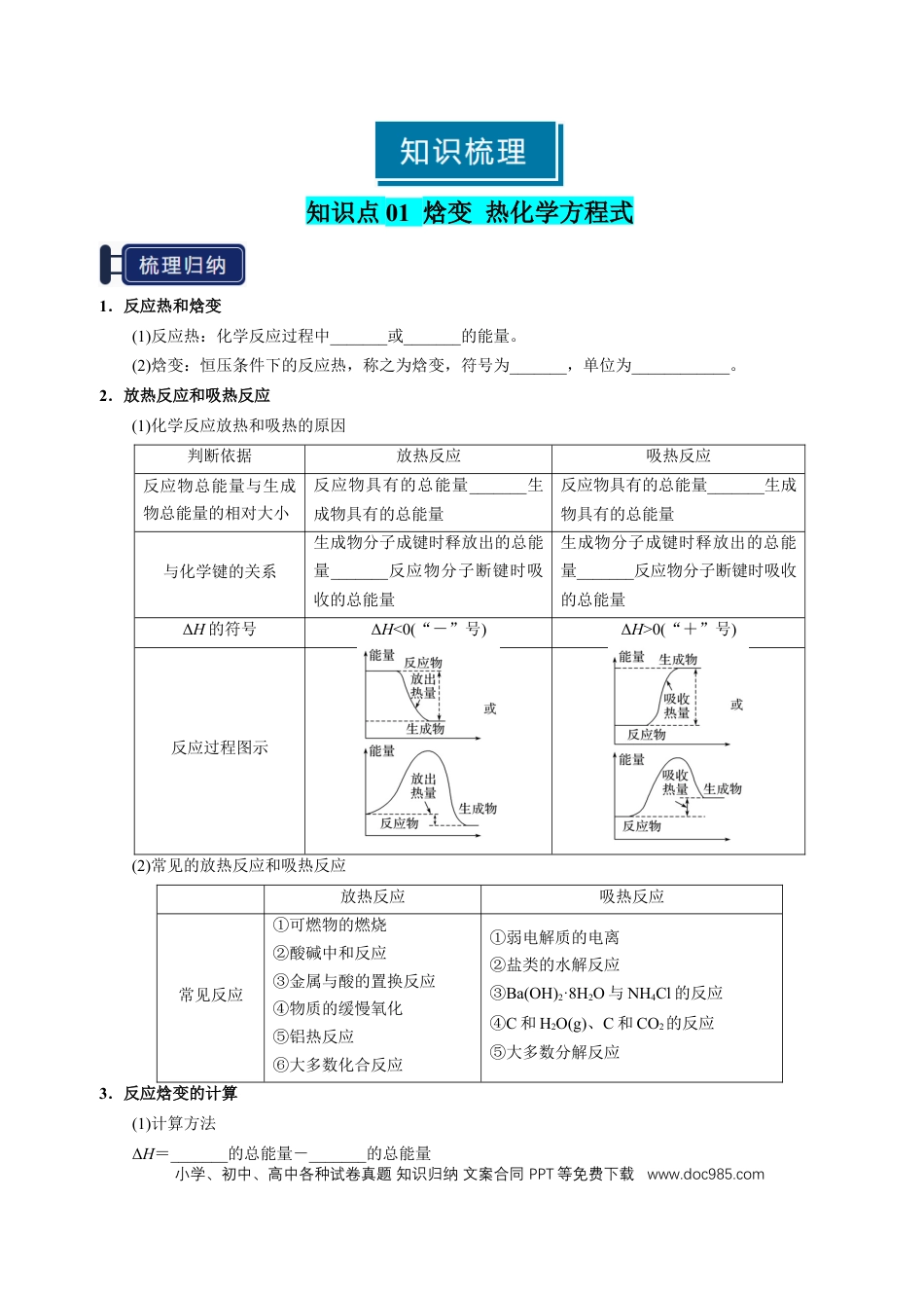 高中化学知识清单17 化学反应的热效应-（原卷版）.docx