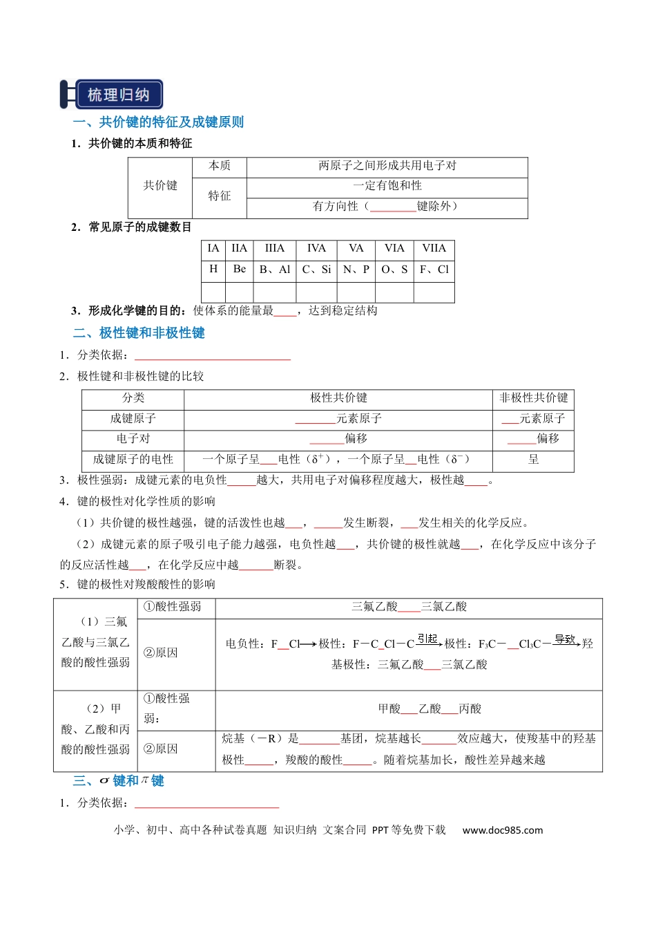 高中化学知识清单15 分子结构与性质、化学键（原卷版）.docx