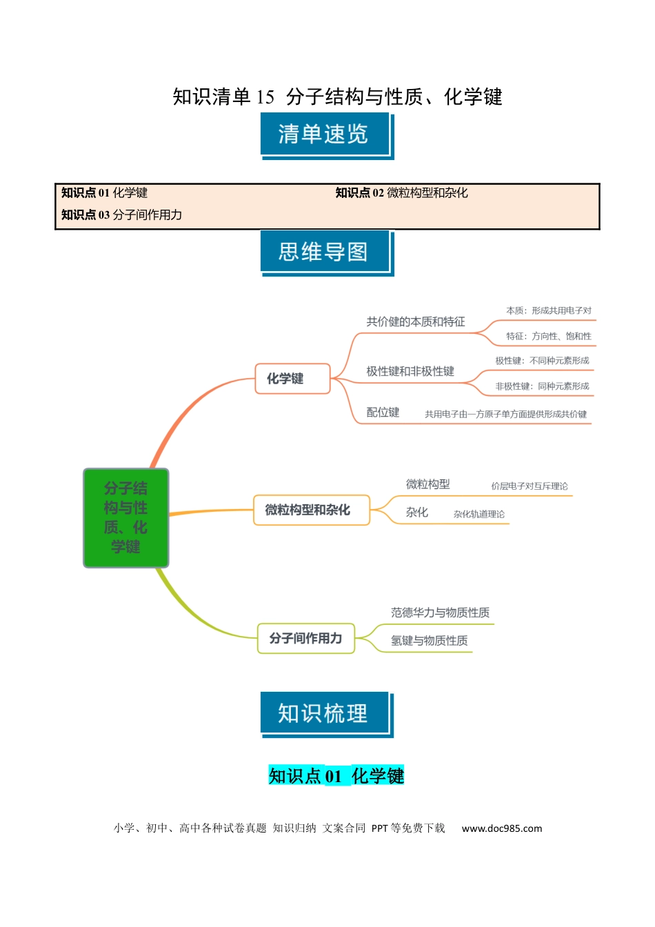高中化学知识清单15 分子结构与性质、化学键（解析版）.docx