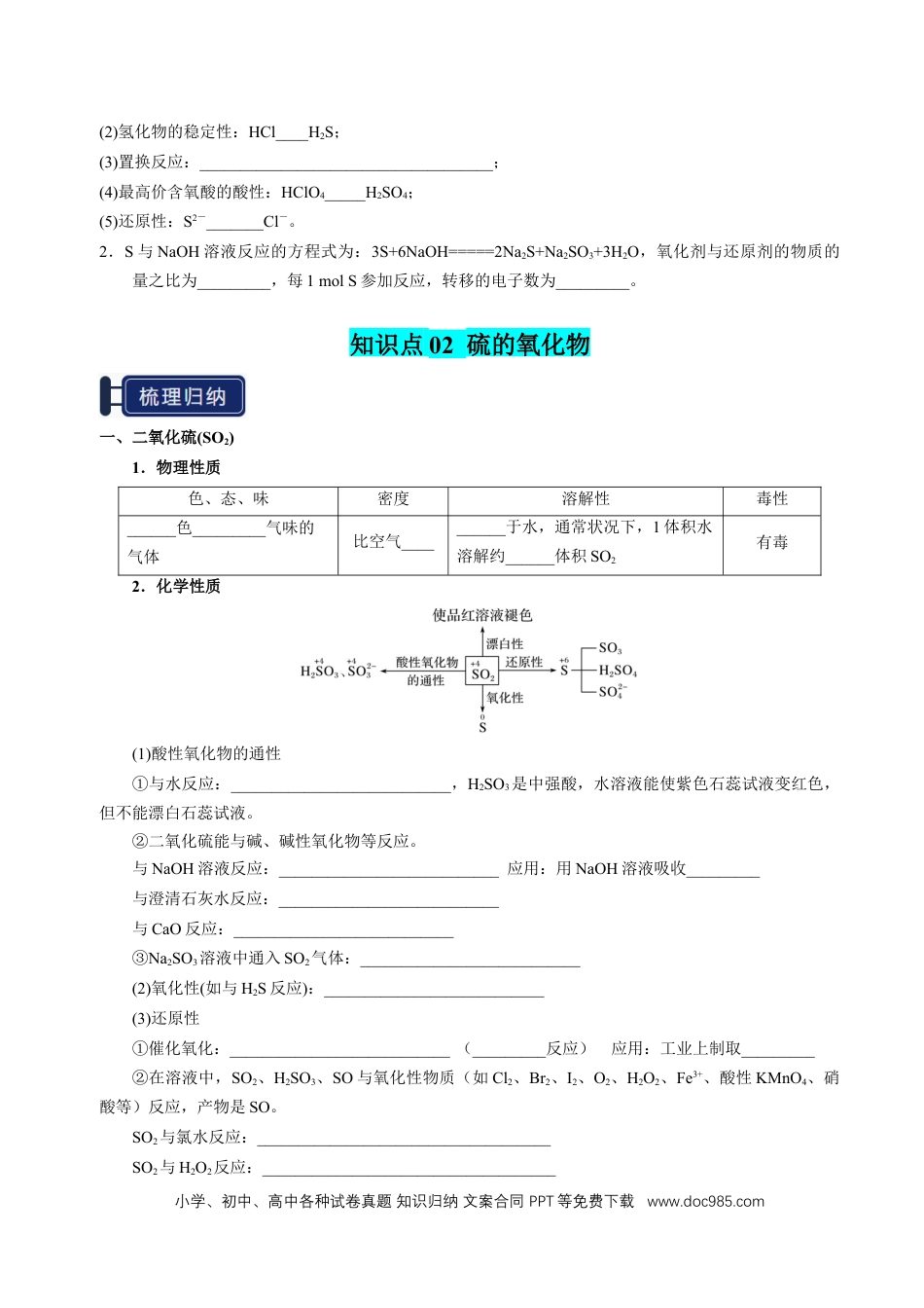 高中化学知识清单10 硫及其重要化合物-（原卷版）.docx