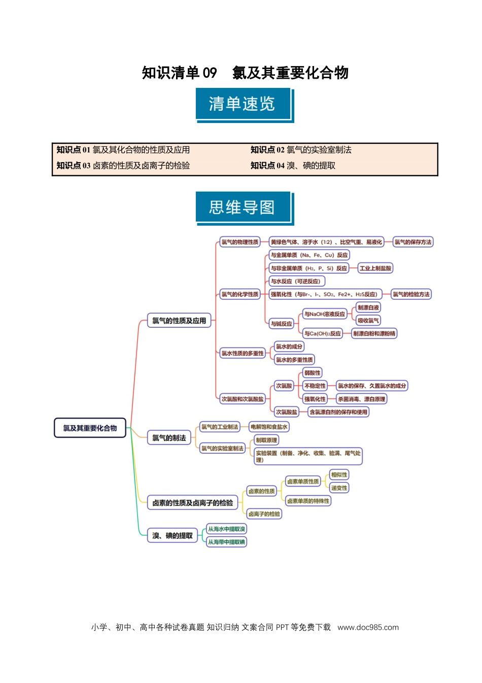 高中化学知识清单09 氯及其重要化合物-（原卷版）.docx