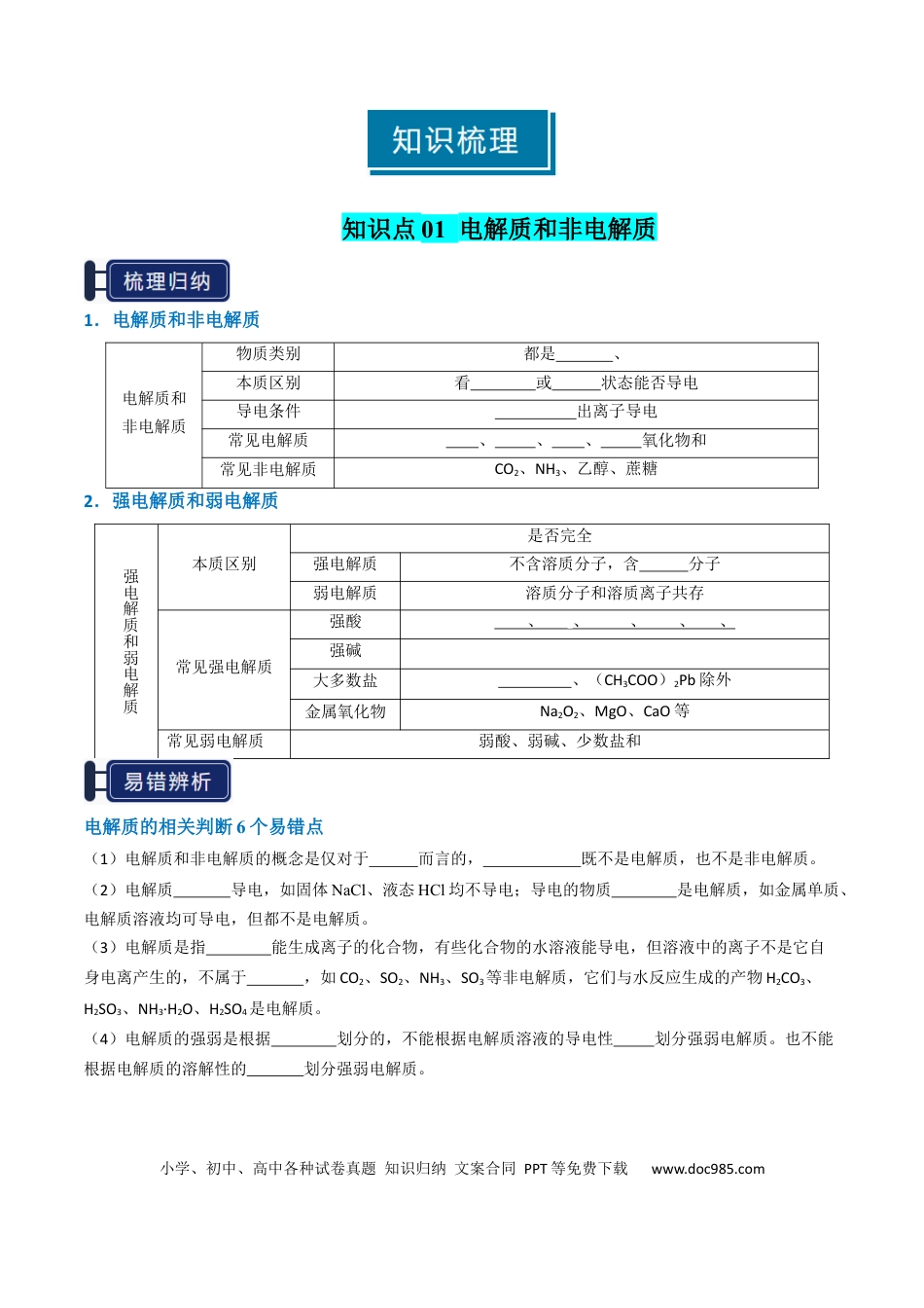 高中化学知识清单02 离子反应（原卷版）.docx
