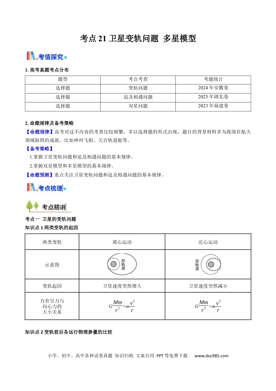高中物理核心考点精讲精练21 卫星变轨问题 多星模型 （解析版）.docx