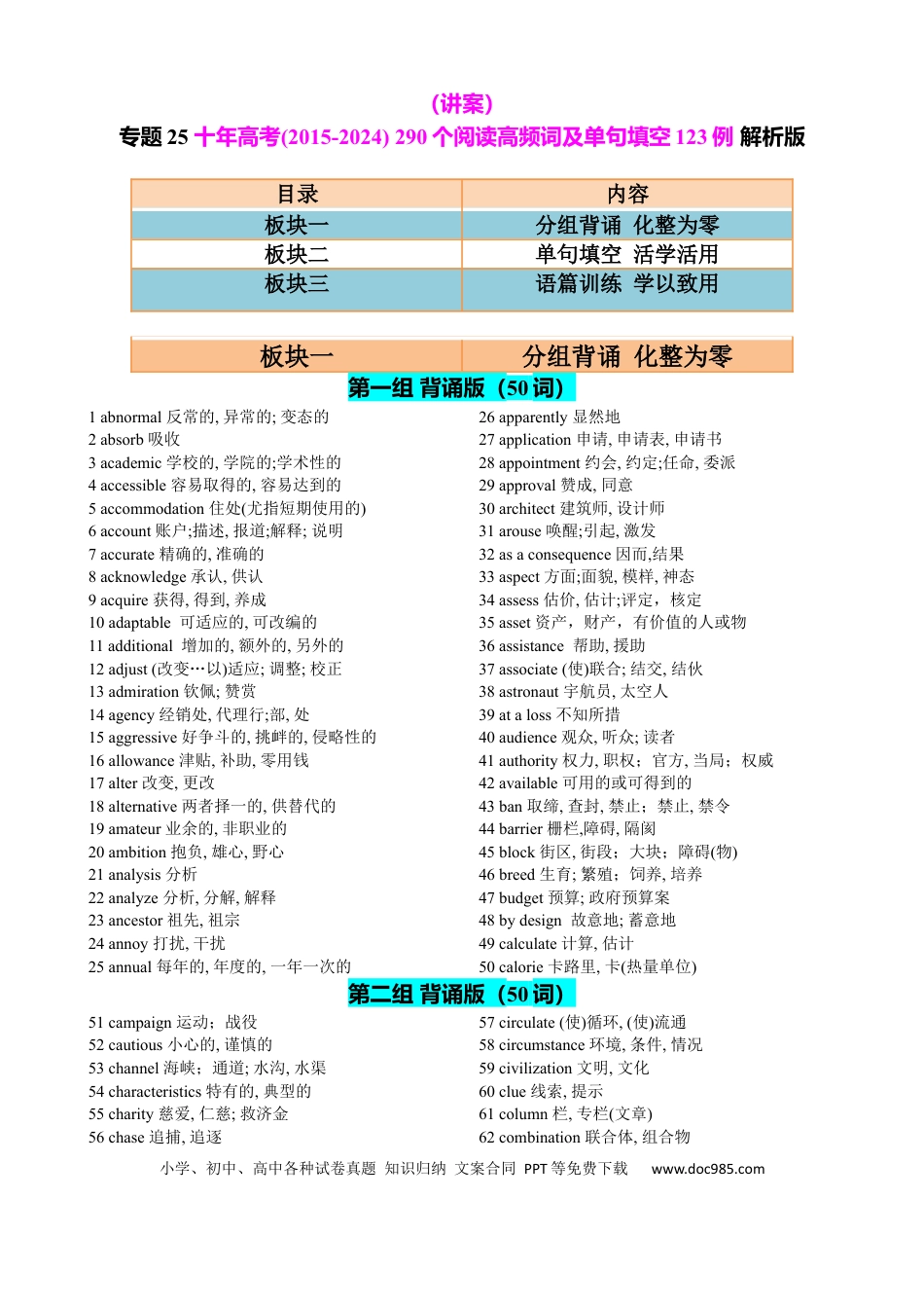 高中英语专题突破25 十年高考(2015-2024)290个阅读高频词及单句填空123例 解析版.docx