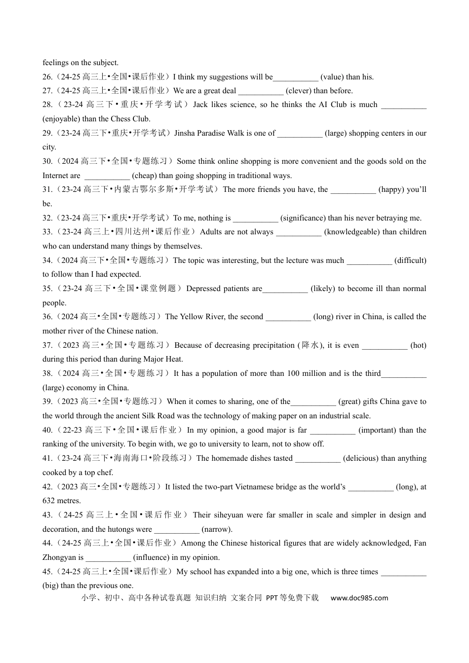 高中英语专题突破24 语法填空之形容词副词比较等级100题（练案）原卷版.docx