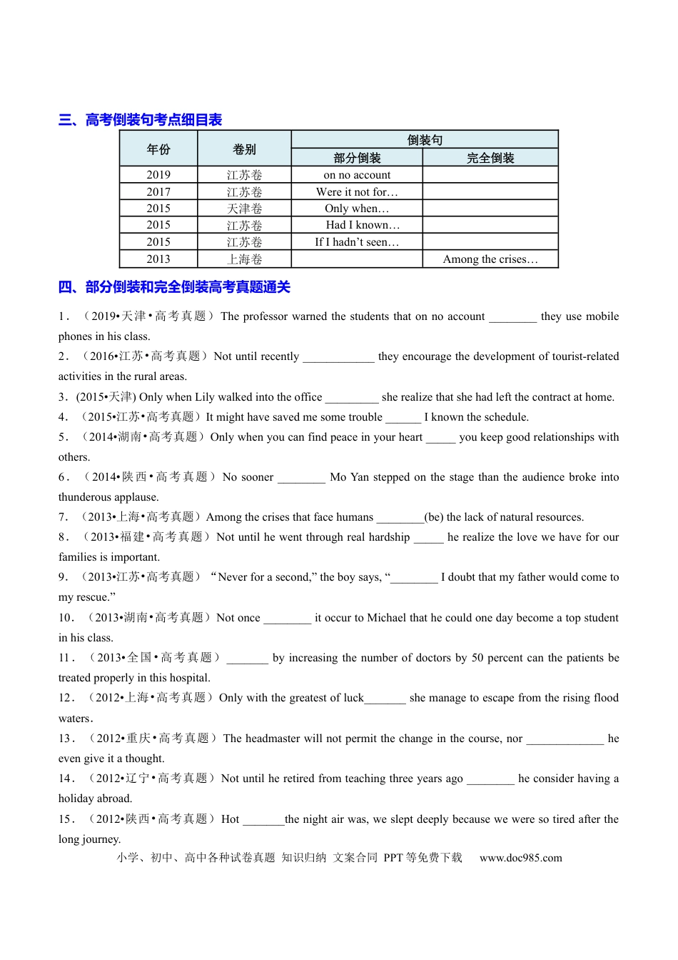高中英语专题突破17 语法填空之部分倒装和完全倒装100题（练案）原卷版.docx