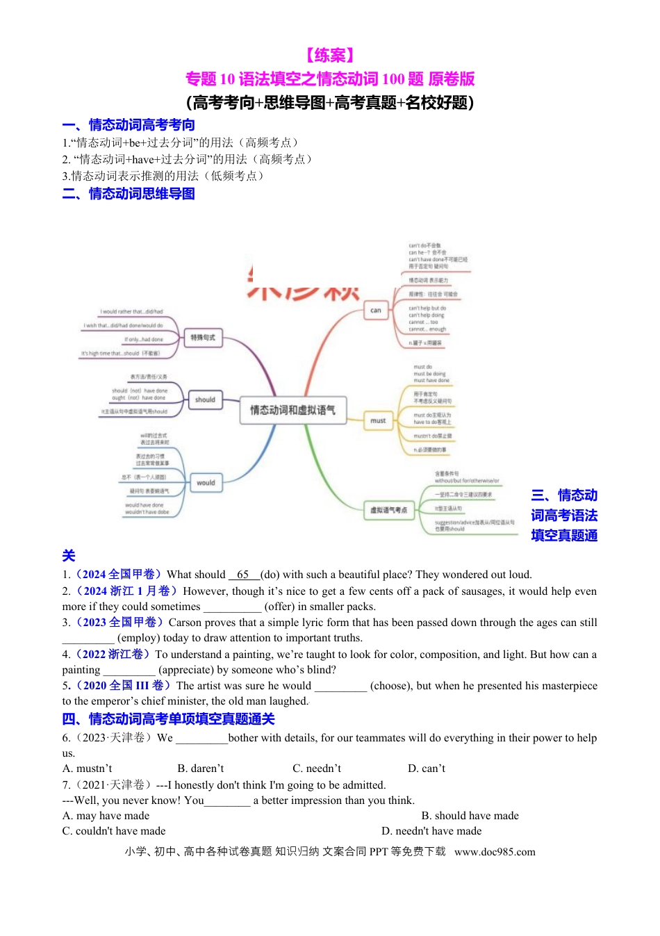 高中英语专题突破10 语法填空之情态动词100题（练案）原卷版.docx