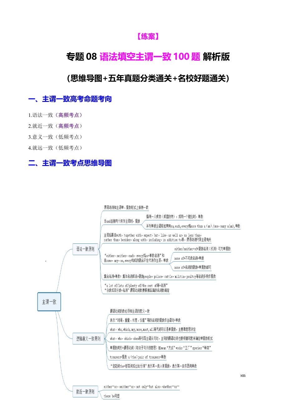 高中英语专题突破08 语法填空主谓一致100题（练案） -.docx