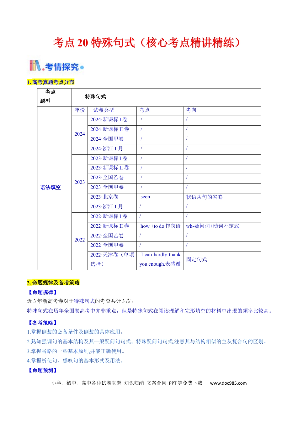 高中英语31个核心考点精讲精练20 特殊句式 -（原卷版）.docx