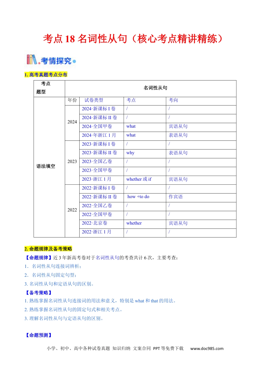 高中英语31个核心考点精讲精练18 名词性从句-（原卷版） .docx