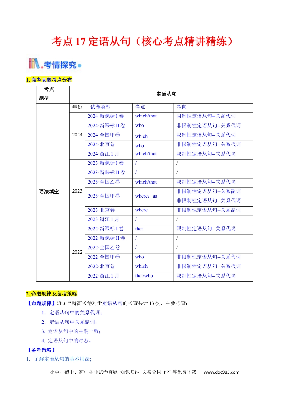 高中英语31个核心考点精讲精练17 定语从句 -（原卷版） .docx