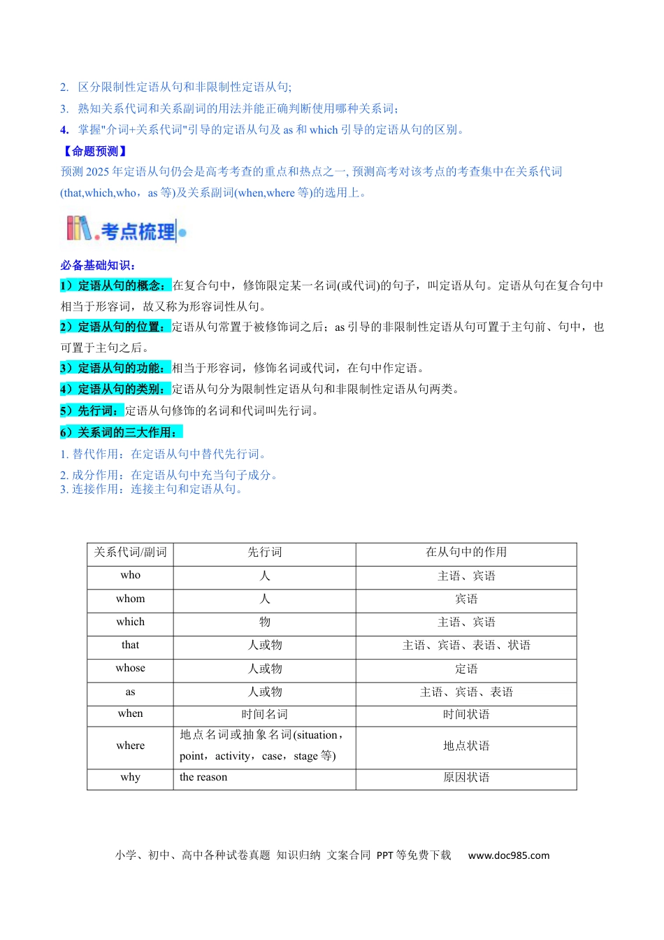 高中英语31个核心考点精讲精练17 定语从句 -（原卷版） .docx