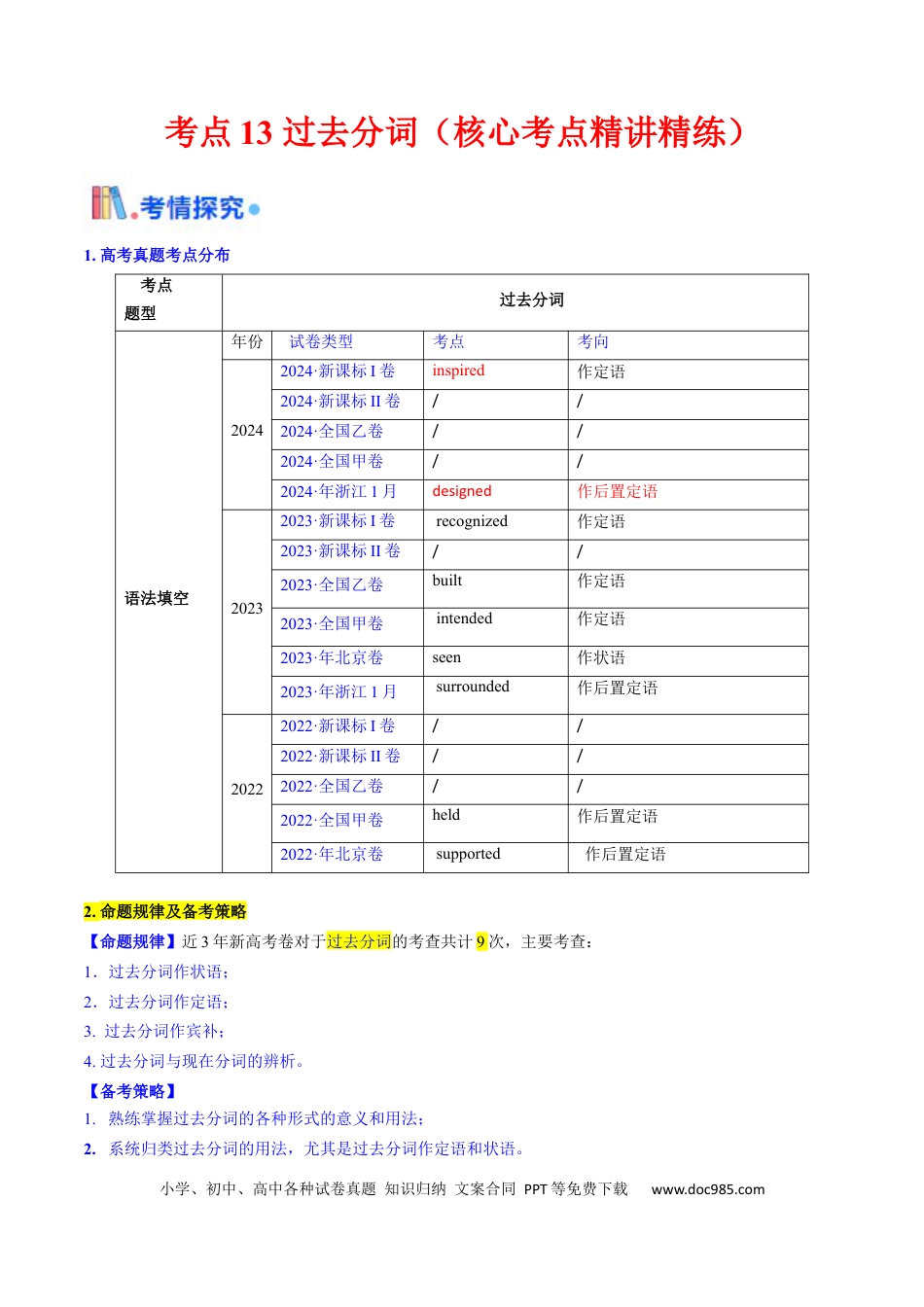 高中英语31个核心考点精讲精练13 过去分词 -（解析版） .docx
