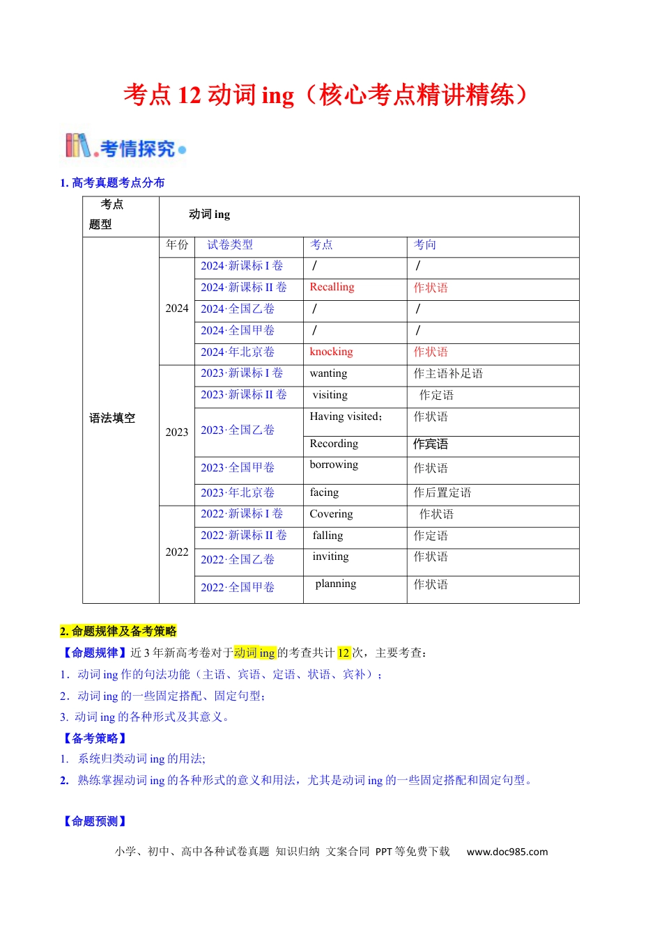高中英语31个核心考点精讲精练12 动词ing -（解析版）.docx