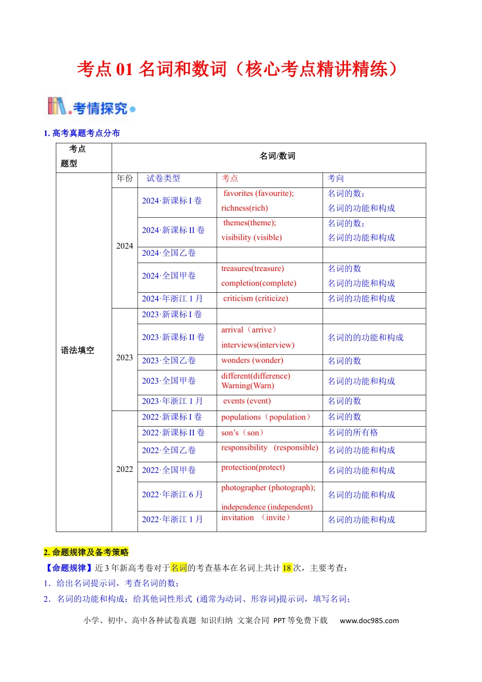 高中英语31个核心考点精讲精练01 名词与数词-（解析版）.docx
