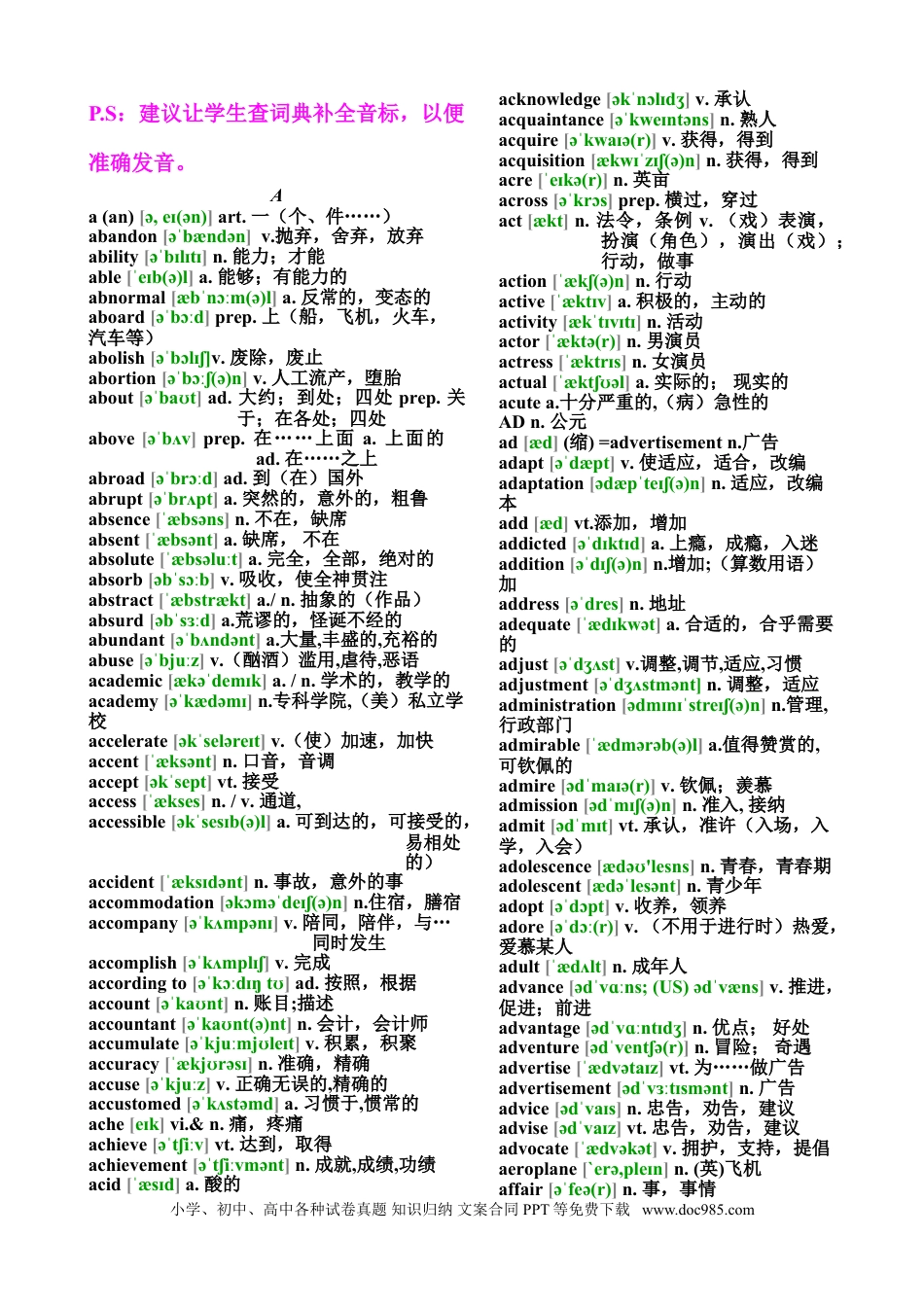 高中英语必背3500个词汇表（附音标）.doc