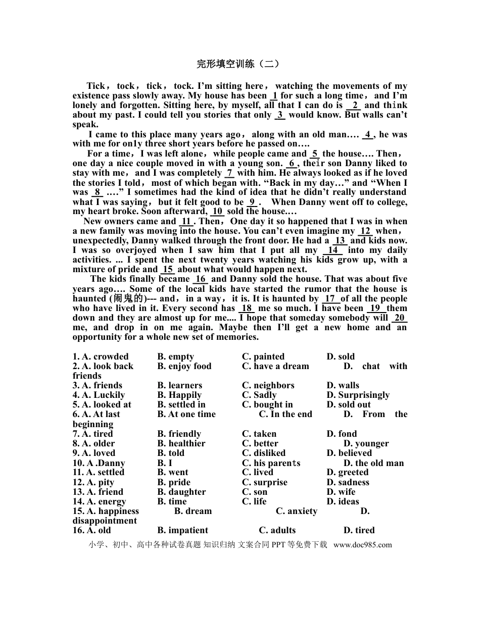 高中英语“完形填空”100篇强化训练（后附答案）.doc