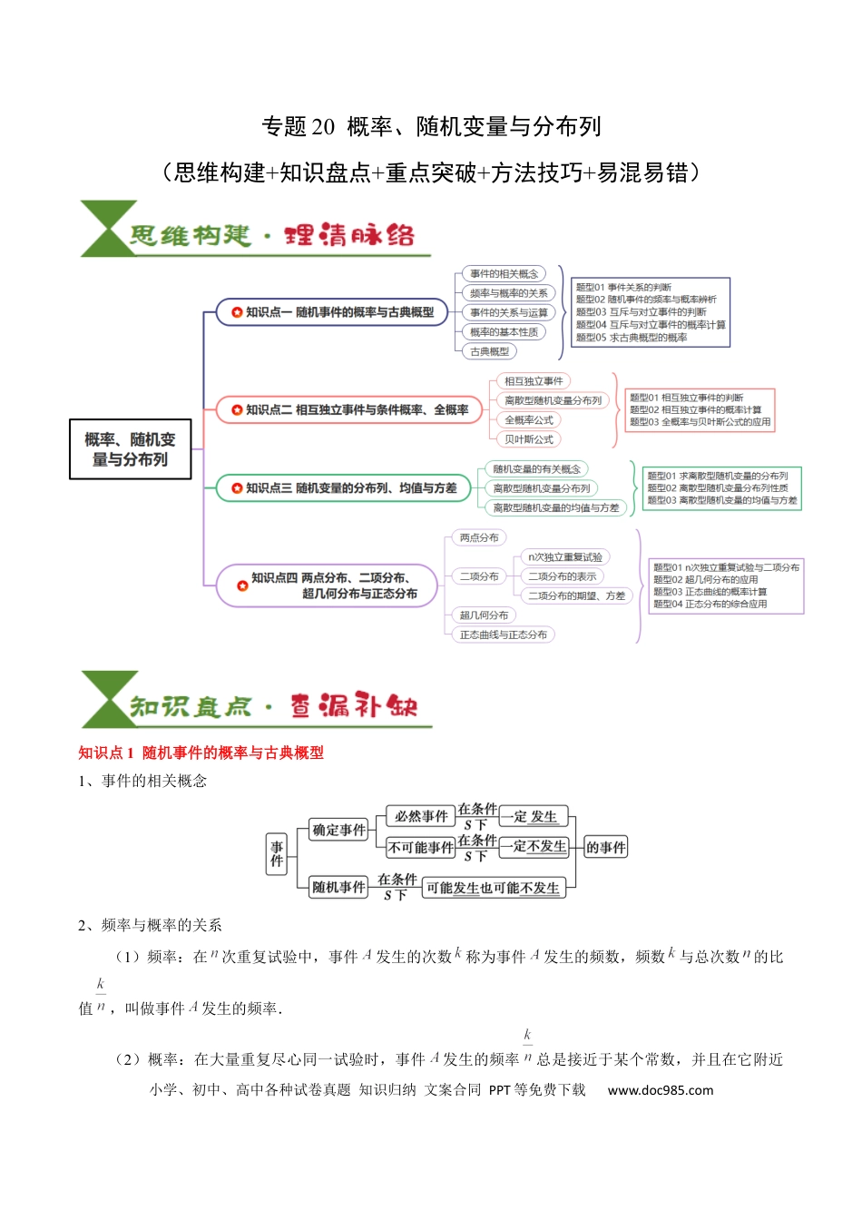 高中数学 高中20大数学专题突破20 概率、随机变量与分布列（4知识点+4重难点+11方法技巧+3易错易混）（解析版）.docx