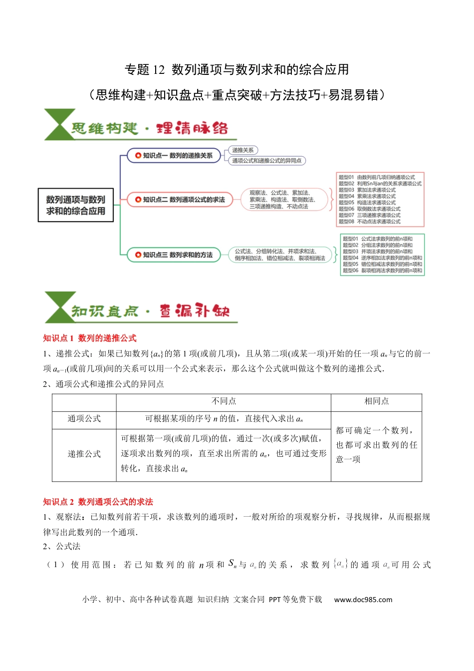 高中数学 高中20大数学专题突破12 数列通项与数列求和的综合应用（3知识点+5重难点+12方法技巧+2易错易混）（原卷版）.docx
