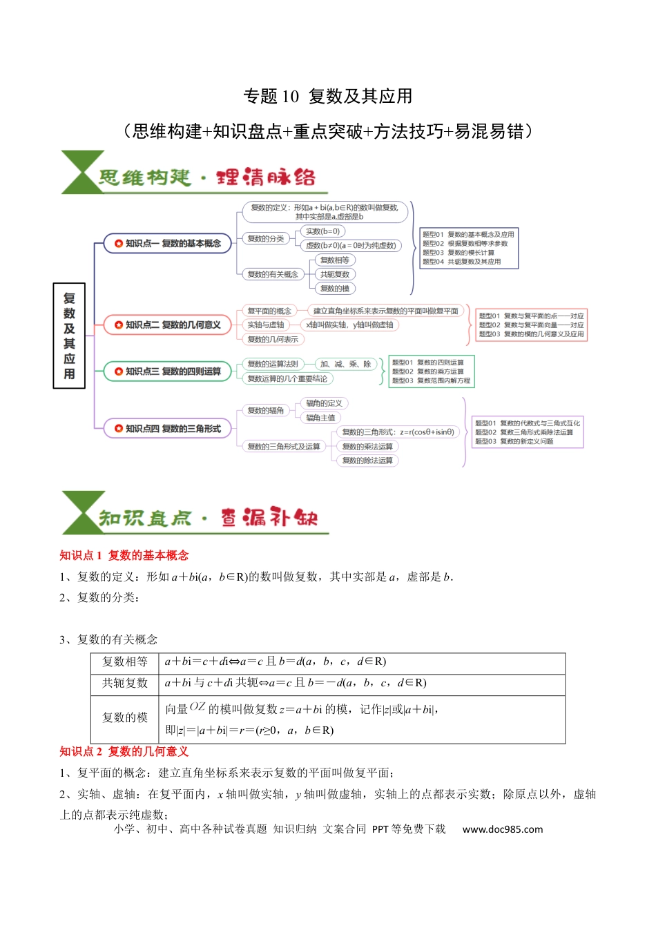 高中数学 高中20大数学专题突破10 复数及其应用（4知识点+2重难点+6方法技巧+3易错易混）（原卷版）.docx
